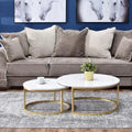 Round coffee table set with white MDF tops and gold metal nested bases