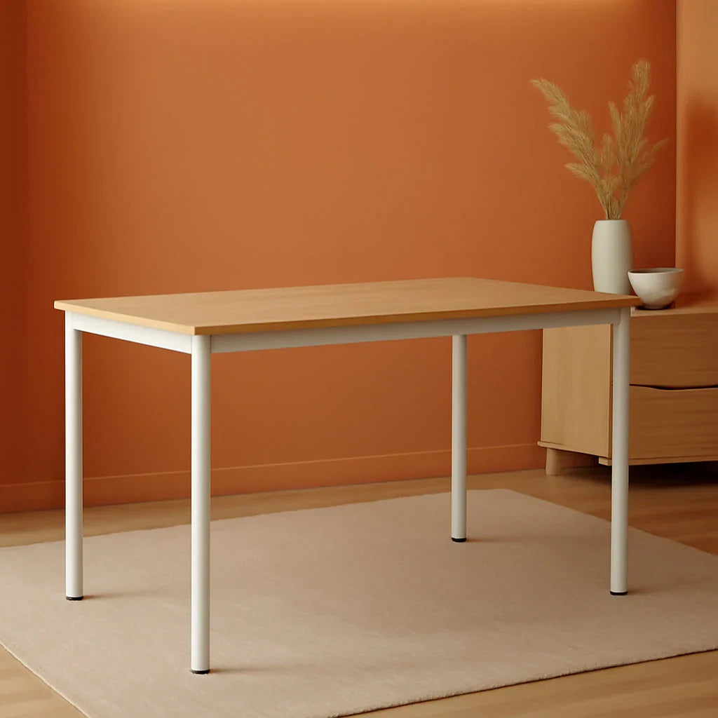 Rectangular desk with light wood top and white metal legs, MDF frame