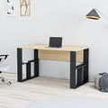 HAROLD desk with light wood top, black metal frame, open side shelves, 120x60 cm