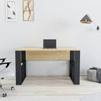 HAROLD desk front view: light wood MDF surface with black legs, open storage bays