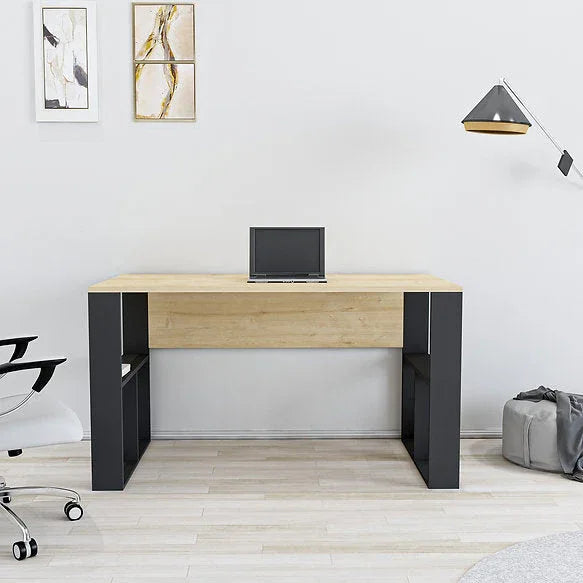 HAROLD desk front view: light wood MDF surface with black legs, open storage bays