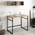 90x60cm desk with light wood top and black metal frame, open lower support bars