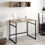 90x60cm desk with light wood top and black metal frame, open lower support bars