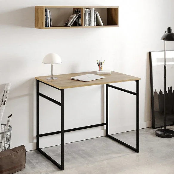 90x60cm desk with light wood top and black metal frame, open lower support bars