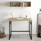 Light wood desk tabletop with black metal legs and rectangular open frame base