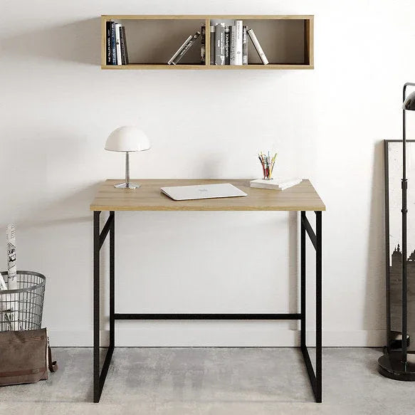 Light wood desk tabletop with black metal legs and rectangular open frame base