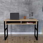 Front view light wood desk with black metal legs and open center shelf