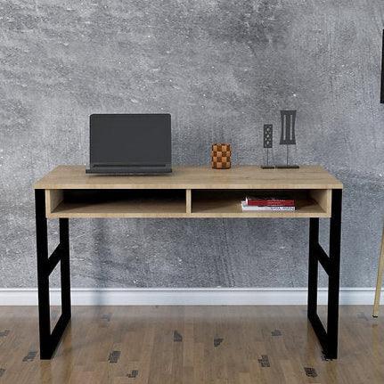 Front view light wood desk with black metal legs and open center shelf