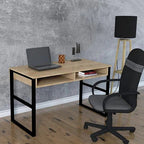 Light wood desk with black metal frame, open shelf beneath the tabletop
