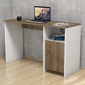 Two-tone MDF desk with wide top, white legs, and side open shelving for storage