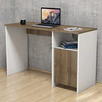 Two-tone MDF desk with wide top, white legs, and side open shelving for storage