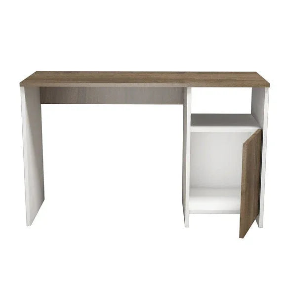 NATHAN desk view: wood-look top with white frame and right-side open shelves