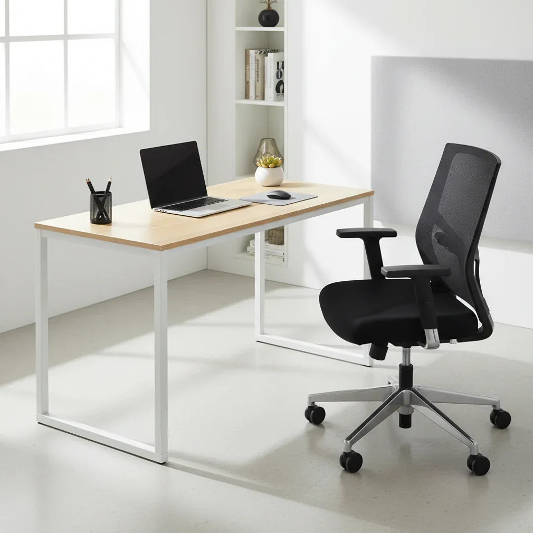 ZUSER desk with light wood top and white metal frame, spacious rectangular work surface