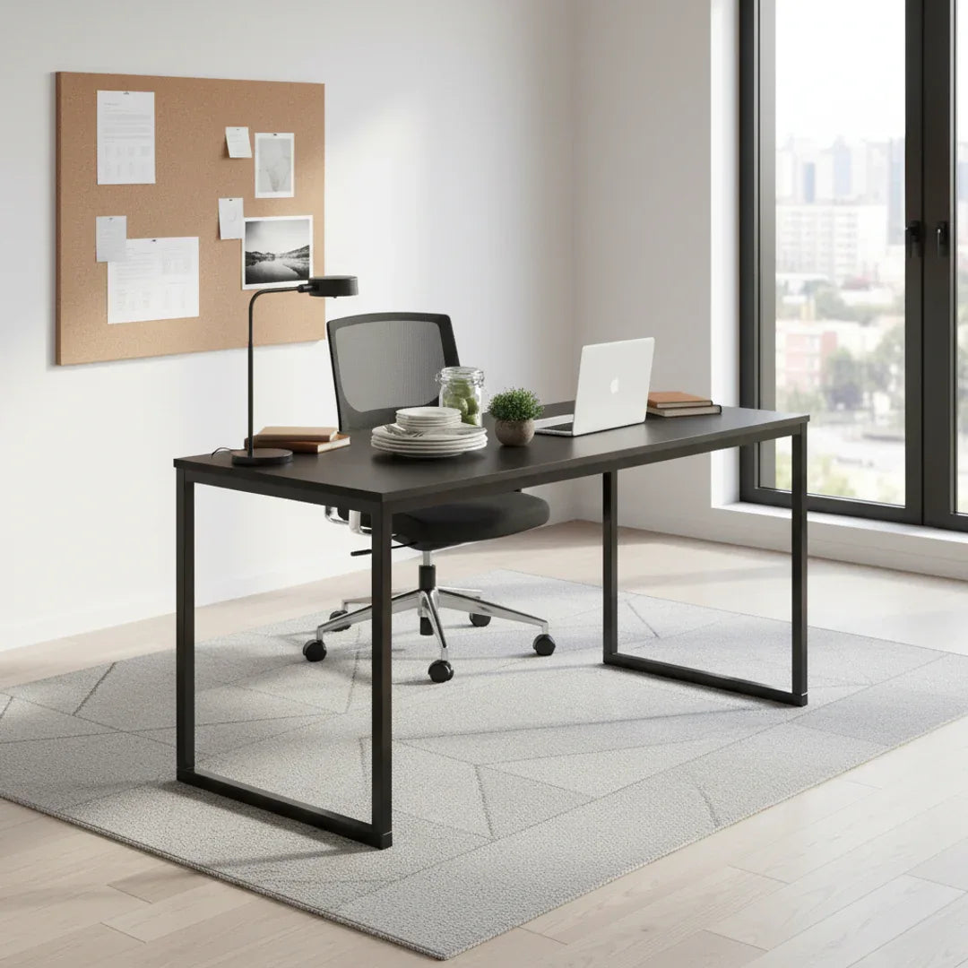 ZUSER desk with dark MDF tabletop and dark metal frame, four-leg base