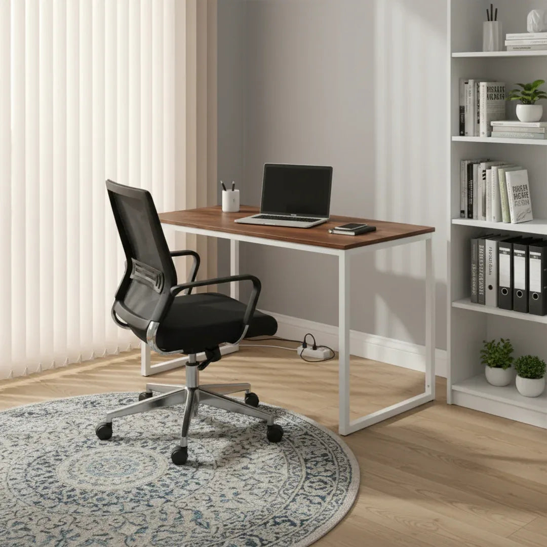 Wood-top desk with white metal frame, 120x60 cm, 75 cm high