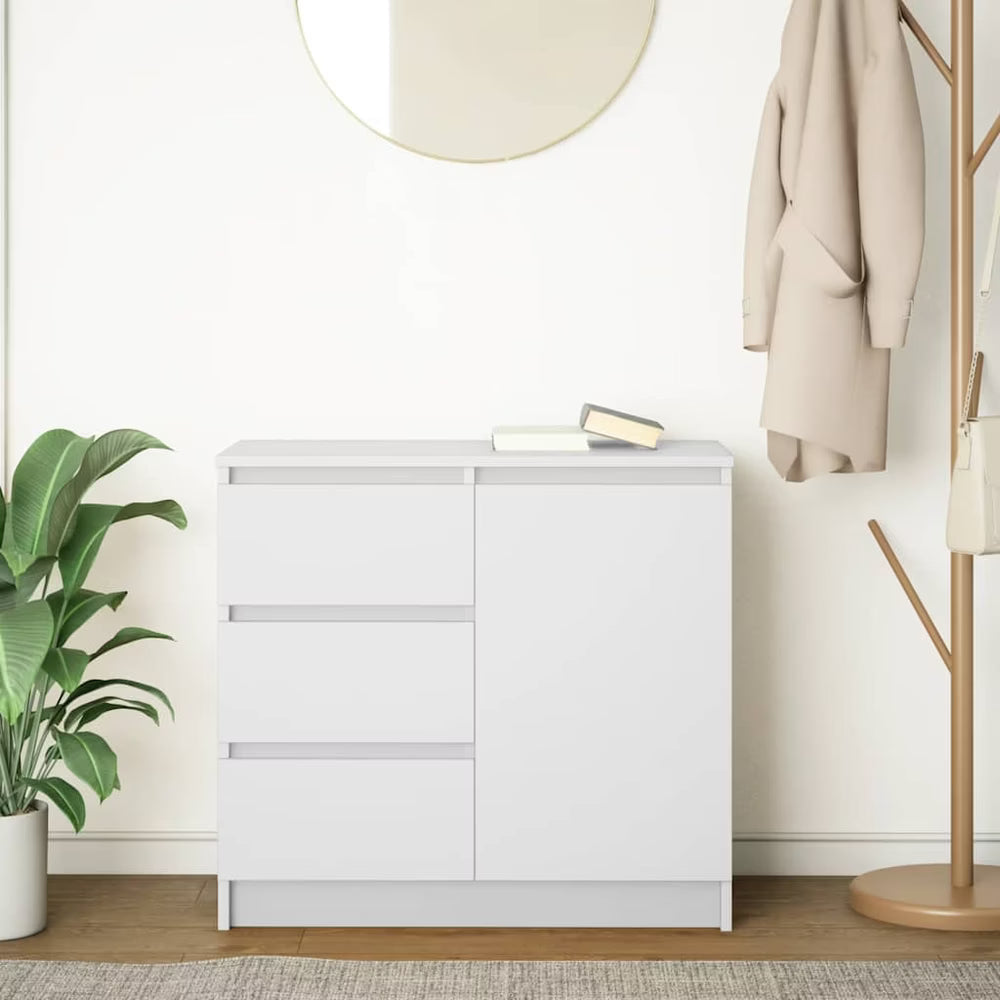 White MDF dresser unit with two drawers and cabinet door, rectangular front view