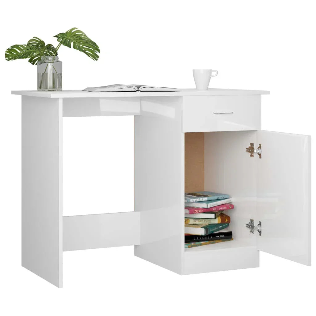 White SIDNEY desk with open right cabinet showing storage compartment and shelves
