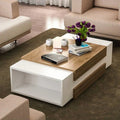 Coffee table with wood top and white open storage shelf, rectangular design