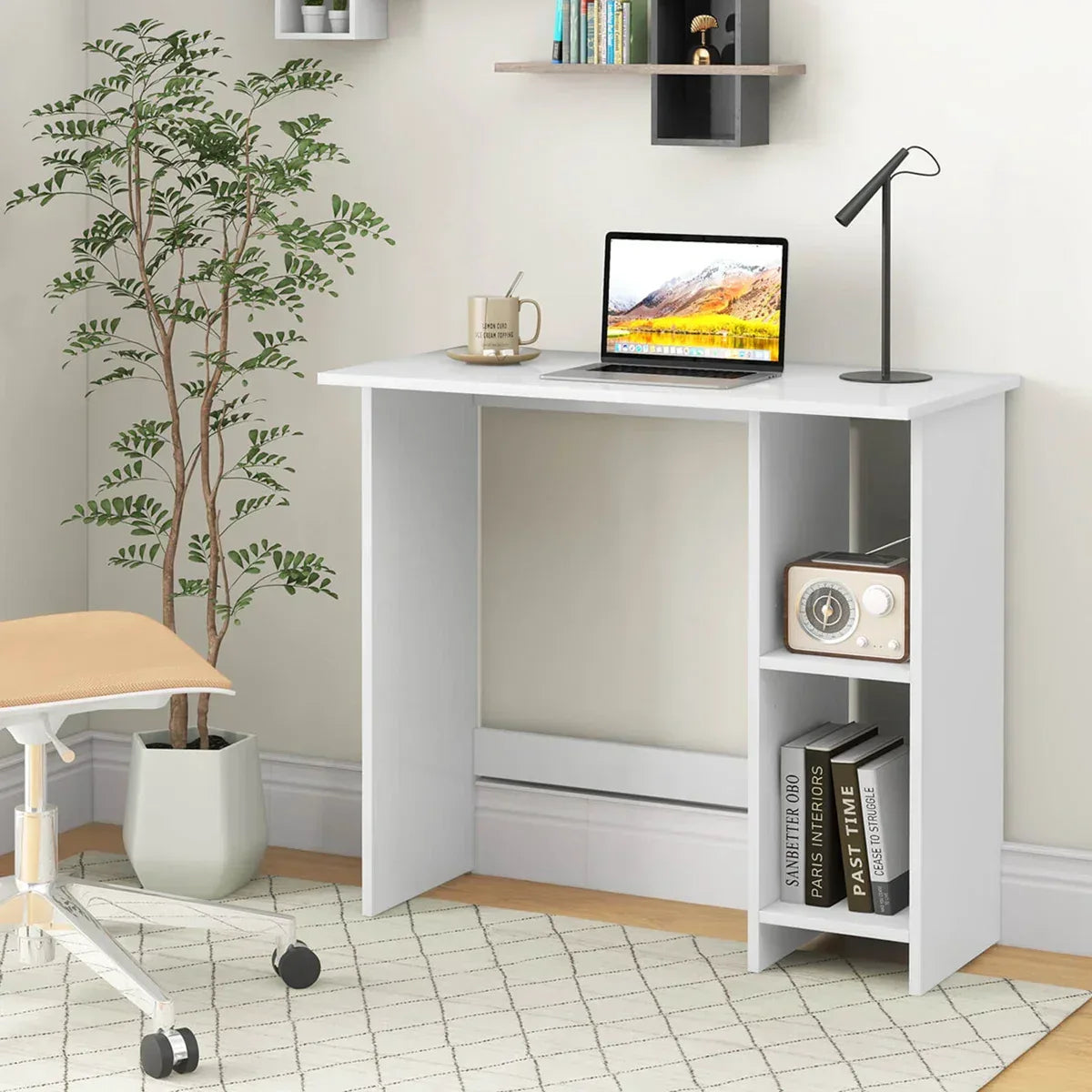White MDF desk, 80x40x75cm, open storage shelves with built-in side cubby