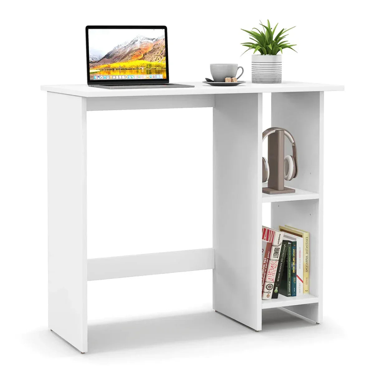White MDF desk with side book shelf and open lower compartment, 80x40x75cm
