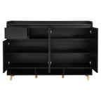 Shoe cabinet with open interior shelves and central drawer, dark finish