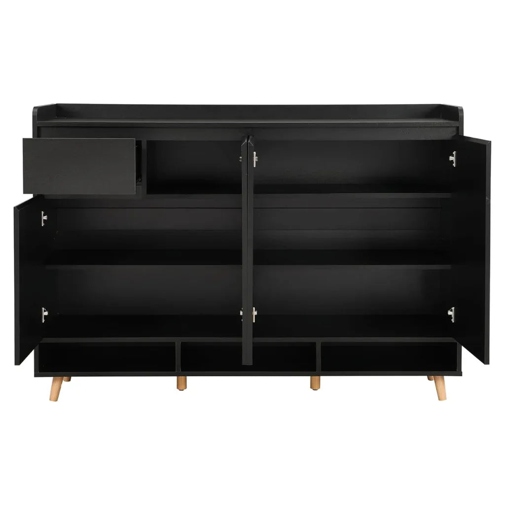 Shoe cabinet with open interior shelves and central drawer, dark finish
