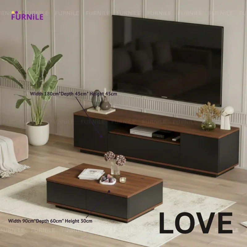 LOVE 2-piece table set: TV unit and coffee table in dark and walnut wood tones