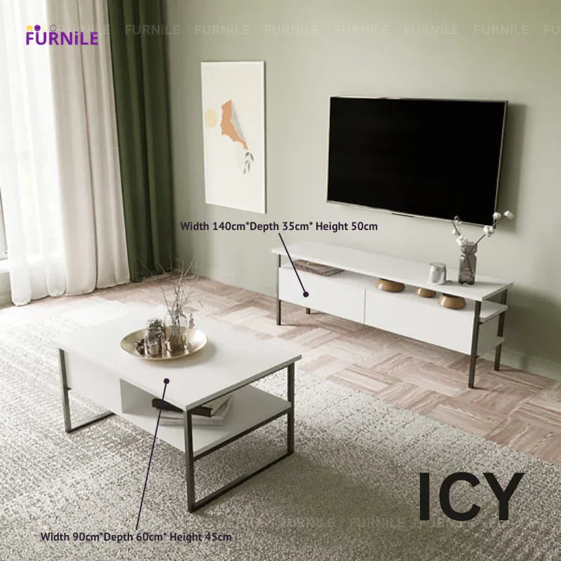 2-piece ICY table set: white TV media unit with drawers and matching coffee table