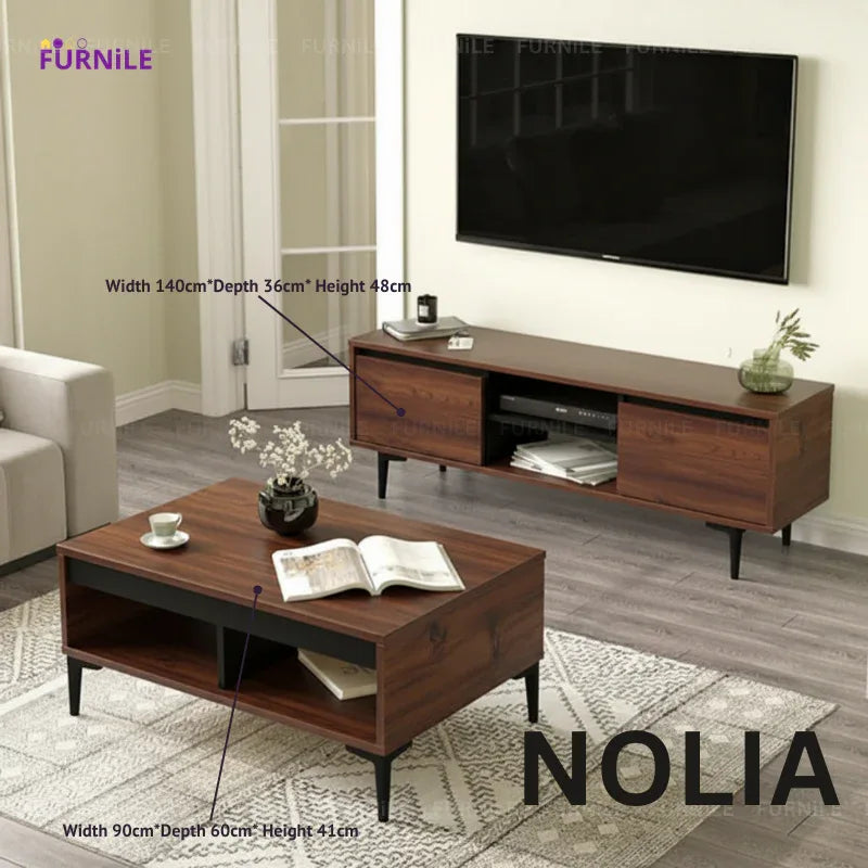 NOLIA 2-piece table set: dark wood TV unit and matching coffee table with 4 legs