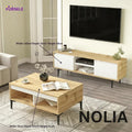 NOLIA 2-piece TV unit and coffee table set, light wood with white cabinet and black legs.