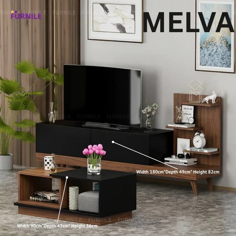 MELVA 2-piece TV unit and coffee table set, black and wood with open shelves