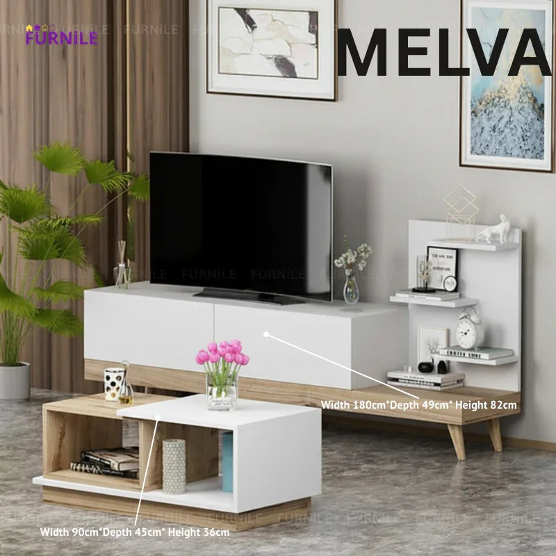 White TV console with open shelves and matching light-wood coffee table set
