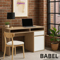 BABEL desk: wood-look top with open shelf and white drawer cabinet, laptop on surface