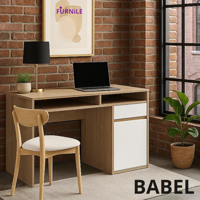 BABEL desk: wood-look top with open shelf and white drawer cabinet, laptop on surface
