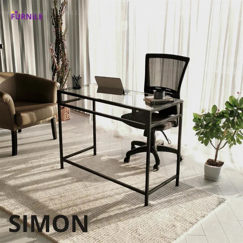SIMON desk with black metal frame and light MDF tabletop, on casters