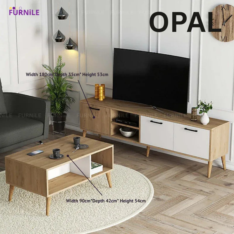 2-piece TV unit & coffee table set, light wood console with drawers; open shelf coffee table