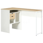 White desk with light wood top, open shelf section and drawer, metal legs
