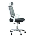 Manager office chair with black seat, gray mesh back, white frame, chrome base