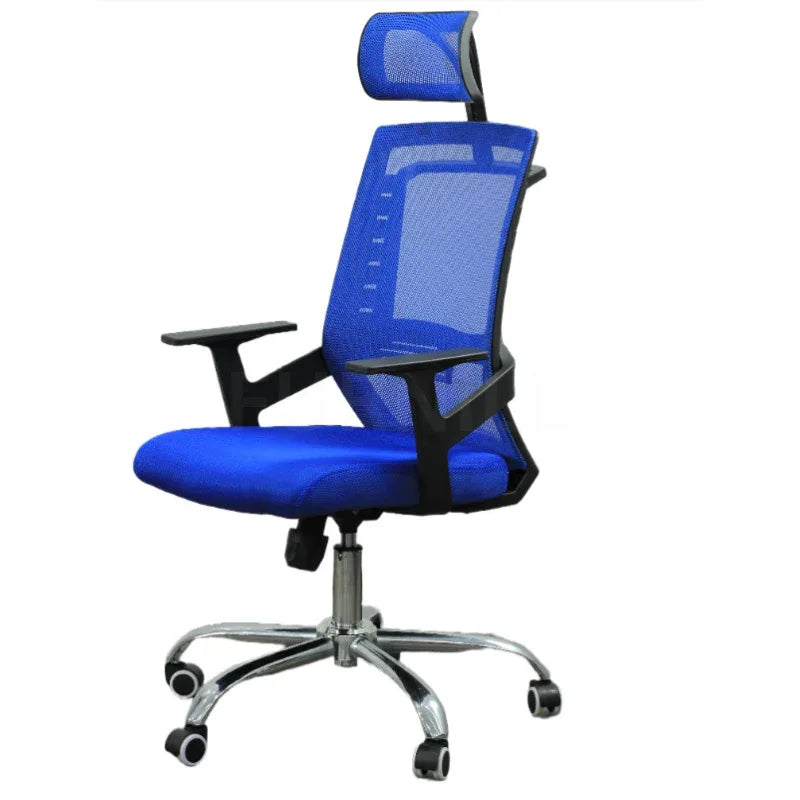 Blue fabric manager chair with black arms, lumbar support, and rolling swivel base.