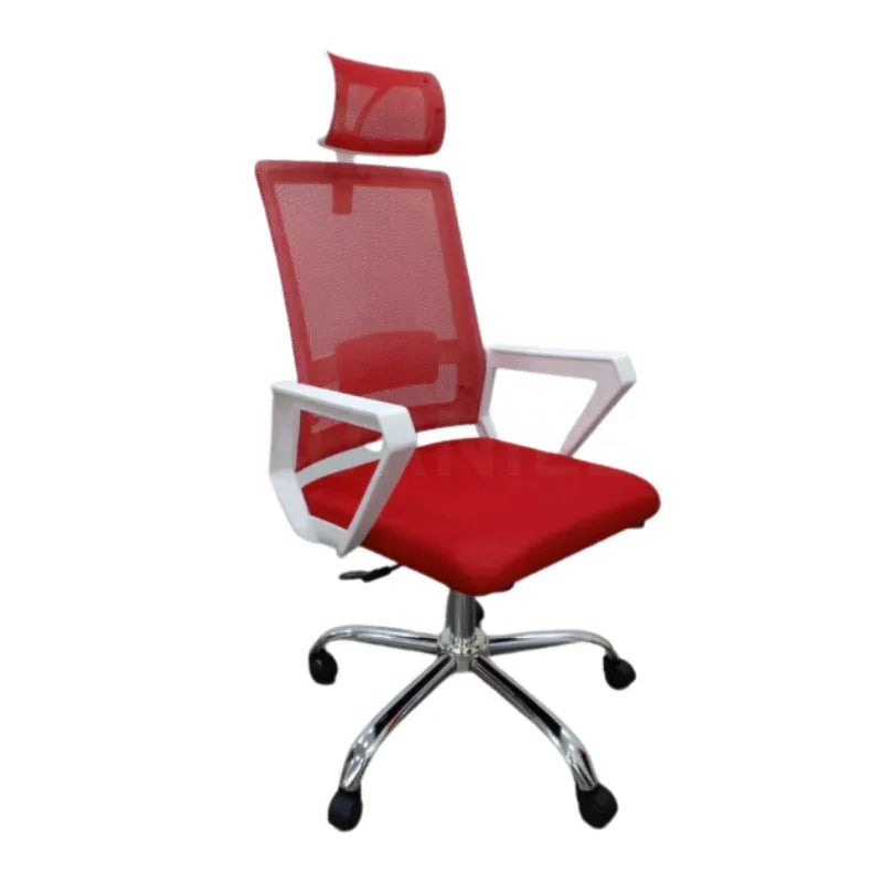 Red upholstered manager chair with white frame, mesh back, armrests, and caster base