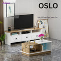 OSLO TV unit with white drawers and open media shelf, plus light wood coffee table