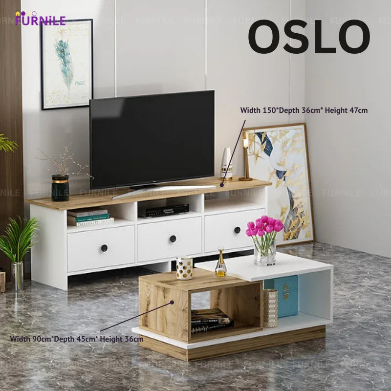 OSLO TV unit with white drawers and open media shelf, plus light wood coffee table