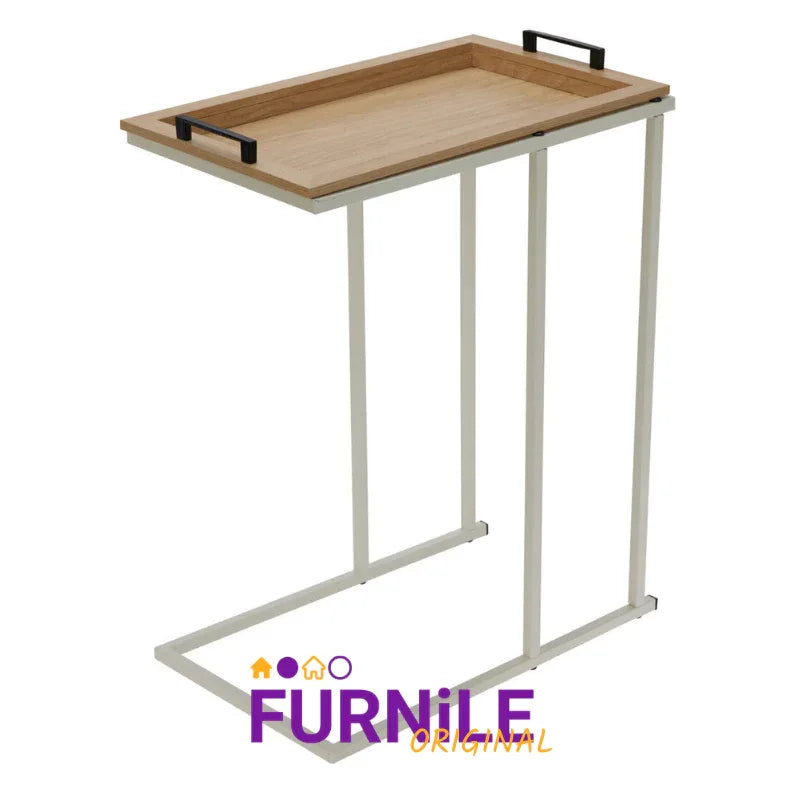 KIVA side table with light wood top, black corner handles, and white metal frame
