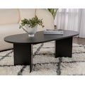 Dark MDF coffee table with rounded oval top and two pedestal legs