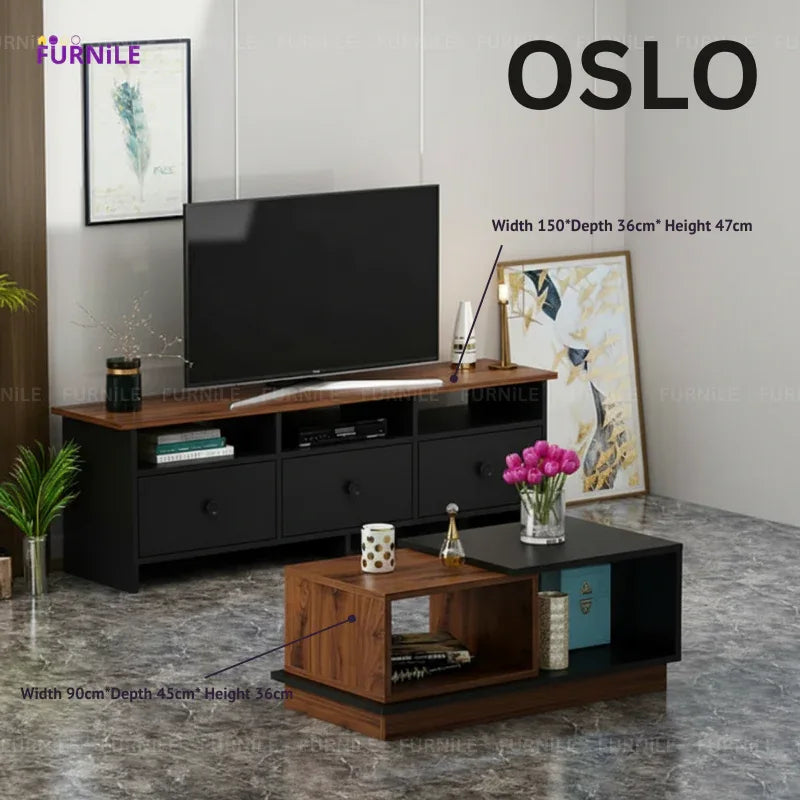 2-piece OSLO TV unit and coffee table set with black console and open shelf.