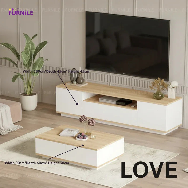 2-piece TV unit and coffee table set: light wood top, white base cabinets