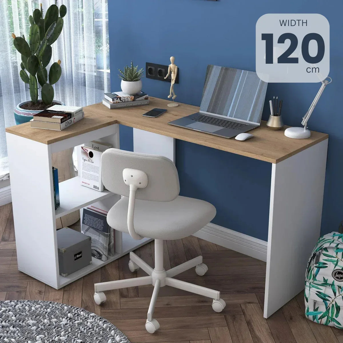 120cm corner desk with MDF top, white base and open storage shelf