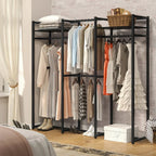 Front view black clothes stand with top shelf, hanging bar, and side rails