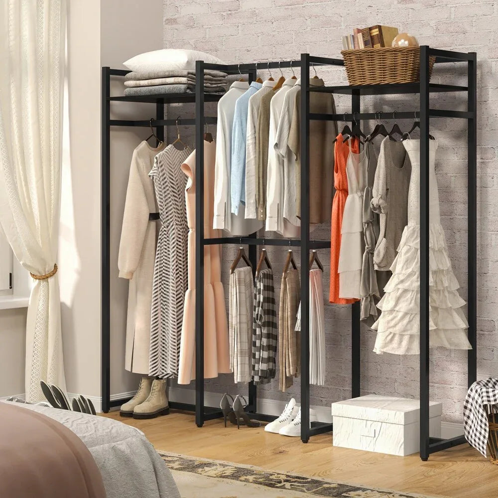 Front view black clothes stand with top shelf, hanging bar, and side rails