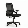 Black office chair with mesh backrest, padded seat, armrests, and rolling caster base